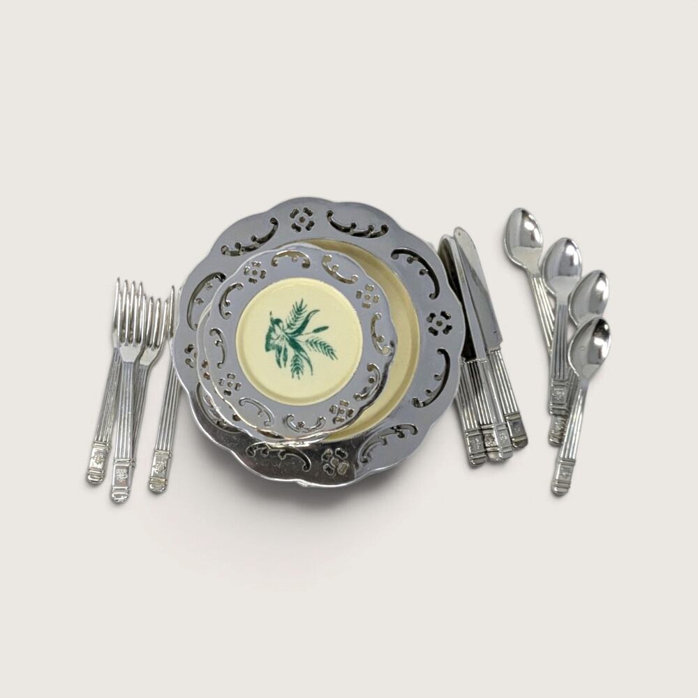 Vintage Irwin Child Plastic Dinner Set Silver Filigree Plates Utensils